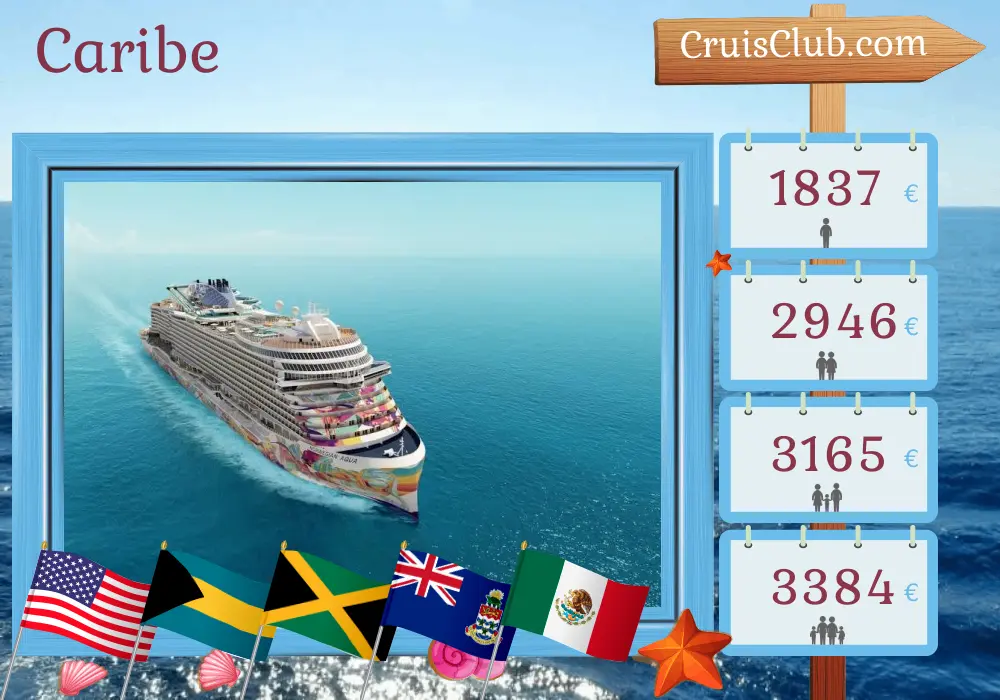 Cruzeiro no Caribe saindo de Port Canaveral / Orlando a bordo do navio Norwegian Aqua com visitas aos EUA, Bahamas, Jamaica, Ilhas Cayman e México por 8 dias
