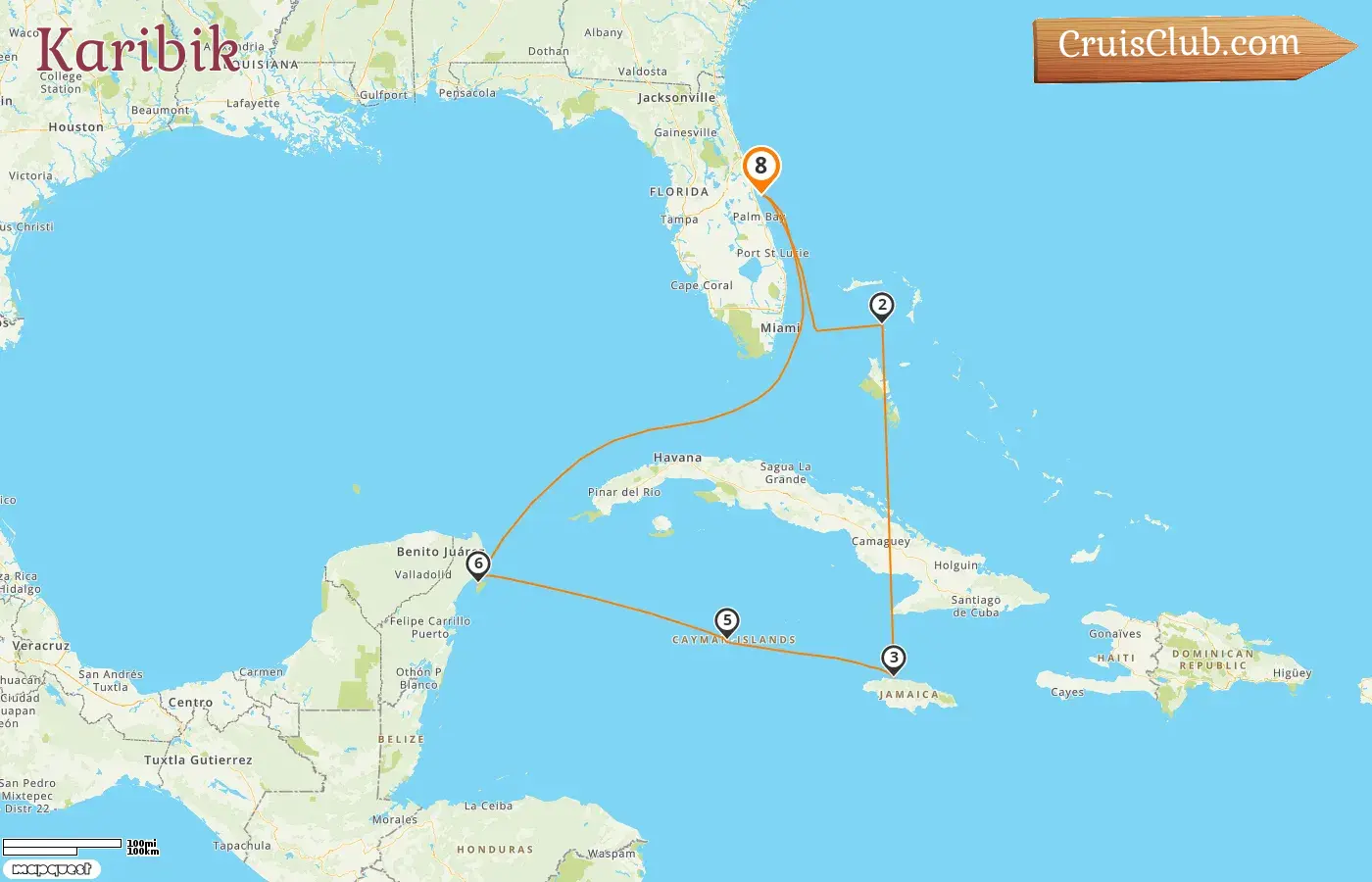 Kreuzfahrt in der Karibik ab Port Canaveral / Orlando an Bord des norwegischen Aqua-Schiffs mit Besuchen in den USA, den Bahamas, Jamaika, den Cayman Islands und Mexiko für 8 Tage