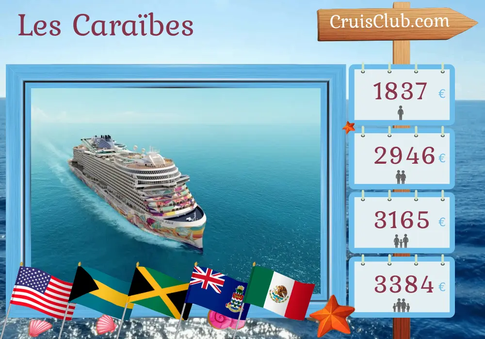 Croisière aux Caraïbes au départ de Port Canaveral / Orlando à bord du navire Norwegian Aqua avec des visites aux USA, aux Bahamas, en Jamaïque, aux îles Caïmans et au Mexique pendant 8 jours