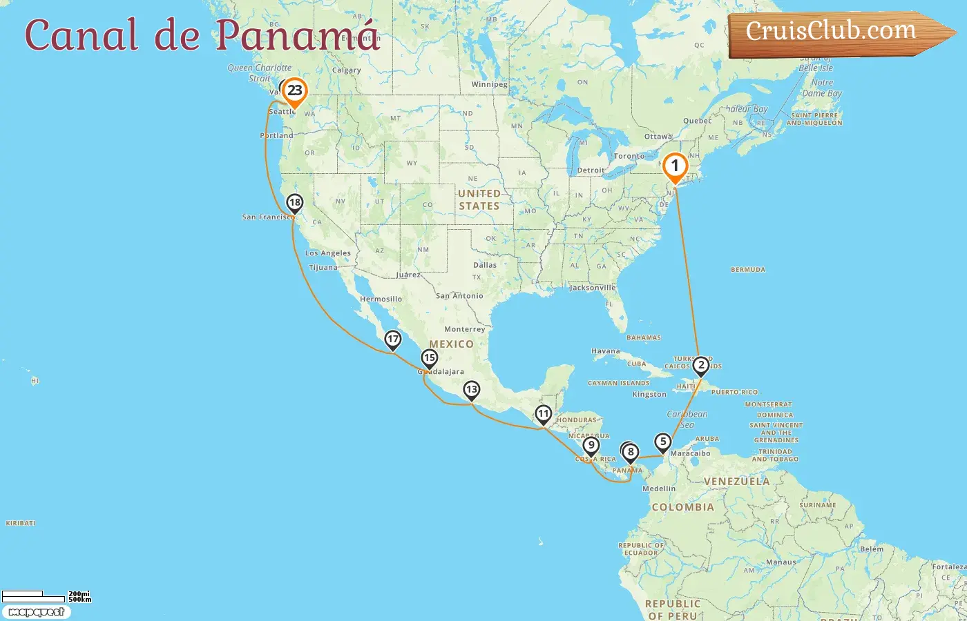 Crucero por el Canal de Panamá desde Nueva York a Seattle a bordo del barco Norwegian Bliss con visitas a EE. UU., República Dominicana, Colombia, Panamá, Costa Rica, Guatemala, México y Canadá por 23 días