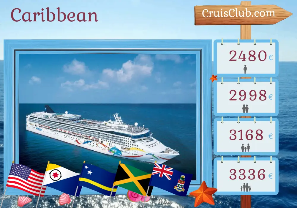 Cruise in the Caribbean from Tampa aboard Norwegian Dawn ship with visits to USA, Dominican Republic, Curaçao, Jamaica, and Cayman Islands for 11 days