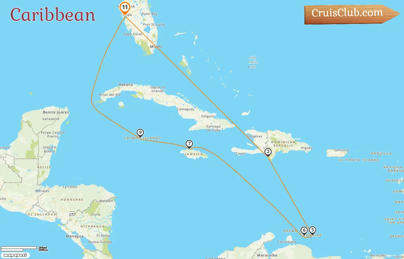 Cruise in the Caribbean from Tampa aboard Norwegian Dawn ship with visits to USA, Dominican Republic, Curaçao, Jamaica, and Cayman Islands for 11 days