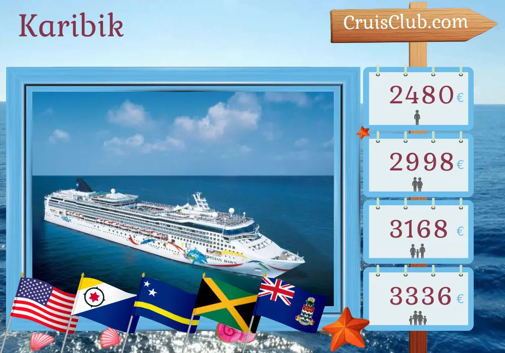 Kreuzfahrt in der Karibik ab Tampa an Bord des Schiffes Norwegian Dawn mit Besuchen in den USA, der Dominikanischen Republik, Curaçao, Jamaika und den Kaimaninseln für 11 Tage