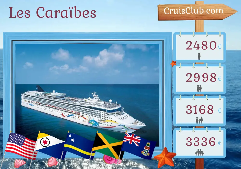 Croisière dans les Caraïbes depuis Tampa à bord du navire Norwegian Dawn avec des arrêts aux États-Unis, en République dominicaine, à Curaçao, en Jamaïque et aux îles Caïmans pendant 11 jours