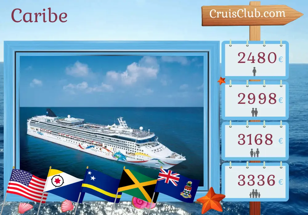 Cruzeiro no Caribe a partir de Tampa a bordo do navio Norwegian Dawn com visitas aos EUA, República Dominicana, Curaçao, Jamaica e Ilhas Cayman por 11 dias