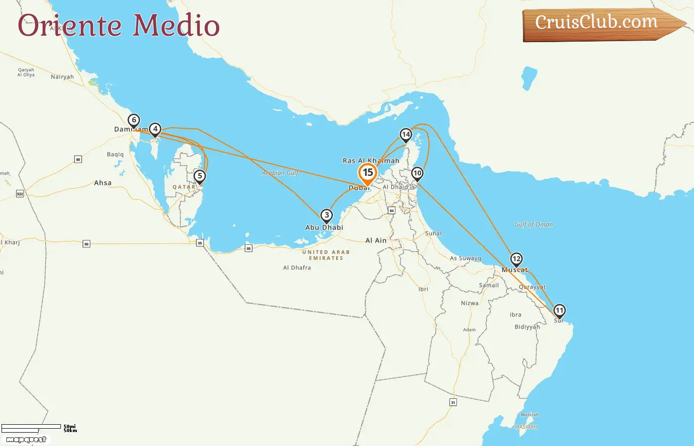 Crucero en el Medio Oriente desde Dubai a bordo del barco EXPLORA II con visitas a Emiratos Árabes Unidos, Bahréin, Qatar, Arabia Saudita y Omán durante 15 días