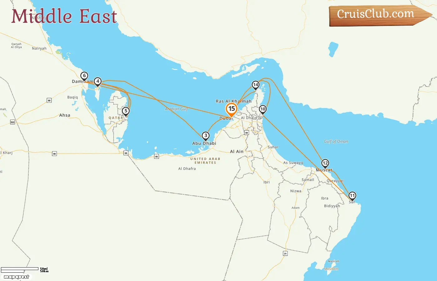 Cruise in the Middle East from Dubai aboard EXPLORA II ship with visits to United Arab Emirates, Bahrain, Qatar, Saudi Arabia, and Oman for 15 days