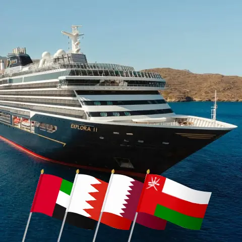 Cruise in the Middle East from Dubai aboard EXPLORA II ship with visits to United Arab Emirates, Bahrain, Qatar, Saudi Arabia, and Oman for 15 days