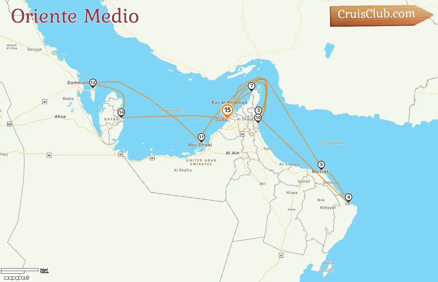 Crucero en el Medio Oriente desde Dubai a bordo del barco EXPLORA II con visitas a Emiratos Árabes Unidos, Omán, Bahréin y Catar por 15 días