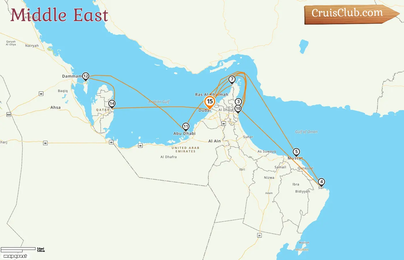 Cruise in the Middle East from Dubai aboard EXPLORA II ship with visits to United Arab Emirates, Oman, Bahrain, and Qatar for 15 days