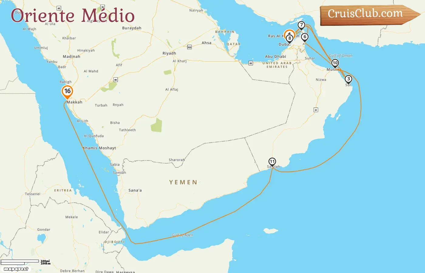 Cruzeiro no Oriente Médio de Dubai para Jeddah a bordo do navio EXPLORA II com visitas aos Emirados Árabes Unidos, Omã e Arábia Saudita por 16 dias