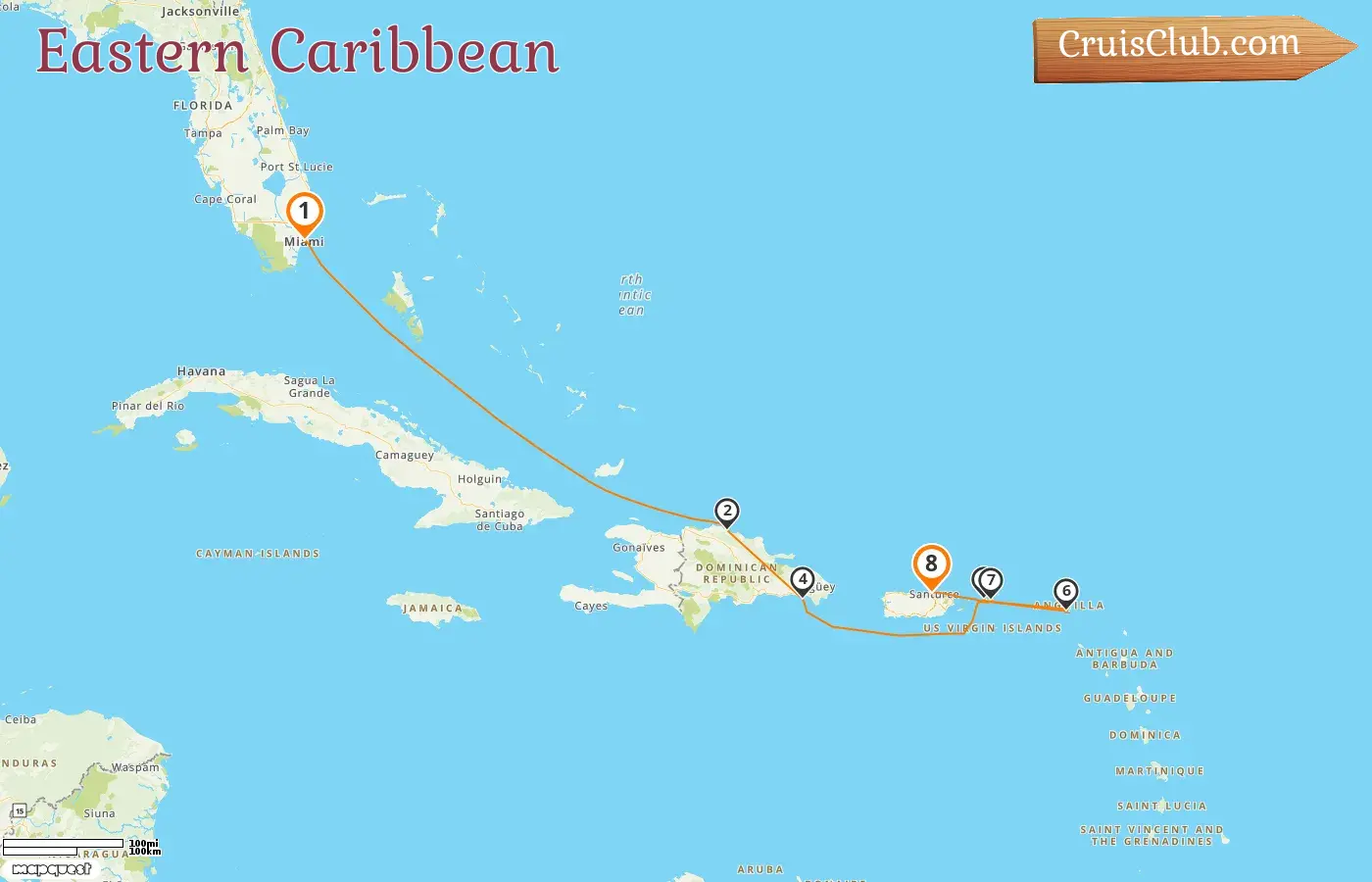Cruise in the Eastern Caribbean from Miami to Saint John aboard EXPLORA II ship with visits to USA, Dominican Republic, Saint Martin, and Puerto Rico for 8 days