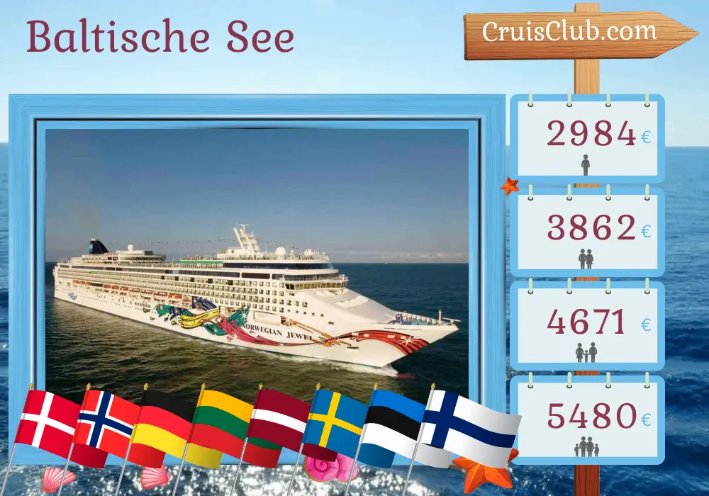 Kreuzfahrt in der Ostsee von Kopenhagen nach Helsinki an Bord des Schiffes Norwegian Jewel mit Besuchen in Dänemark, Norwegen, Deutschland, Polen, Litauen, Lettland, Schweden, Estland und Finnland für 10 Tage