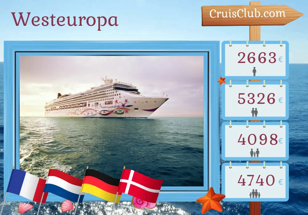 Kreuzfahrt im westlichen Europa von Southampton nach Kopenhagen an Bord des Schiffes Norwegian Star mit Stopps in Frankreich, den Niederlanden, Deutschland und Dänemark für 8 Tage