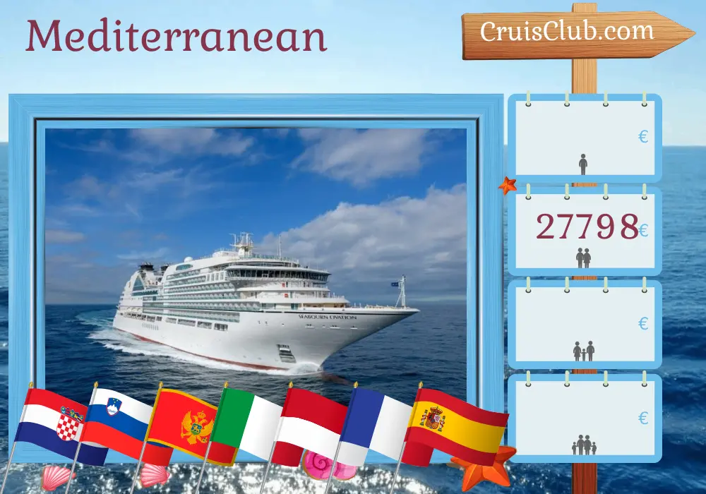 Cruise in the Mediterranean from Dubrovnik to Barcelona aboard Seabourn Ovation ship with visits to Croatia, Slovenia, Montenegro, Italy, Monaco, France, and Spain for 22 days