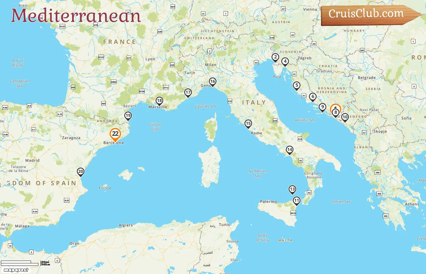 Cruise in the Mediterranean from Dubrovnik to Barcelona aboard Seabourn Ovation ship with visits to Croatia, Slovenia, Montenegro, Italy, Monaco, France, and Spain for 22 days