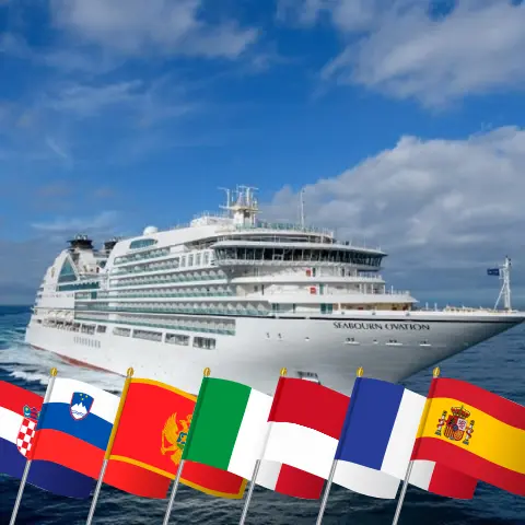 Cruise in the Mediterranean from Dubrovnik to Barcelona aboard Seabourn Ovation ship with visits to Croatia, Slovenia, Montenegro, Italy, Monaco, France, and Spain for 22 days
