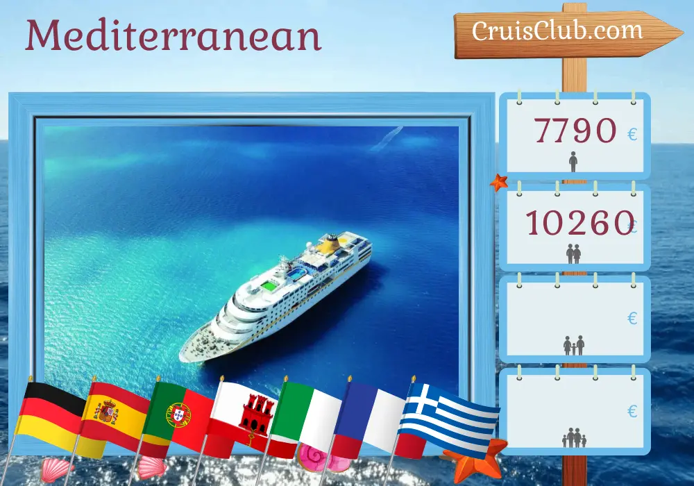 Cruise in the Mediterranean from Hamburg to Istanbul aboard MS Hamburg ship with visits to Germany, Spain, Portugal, Gibraltar, Italy, France, Greece, and Turkey for 29 days