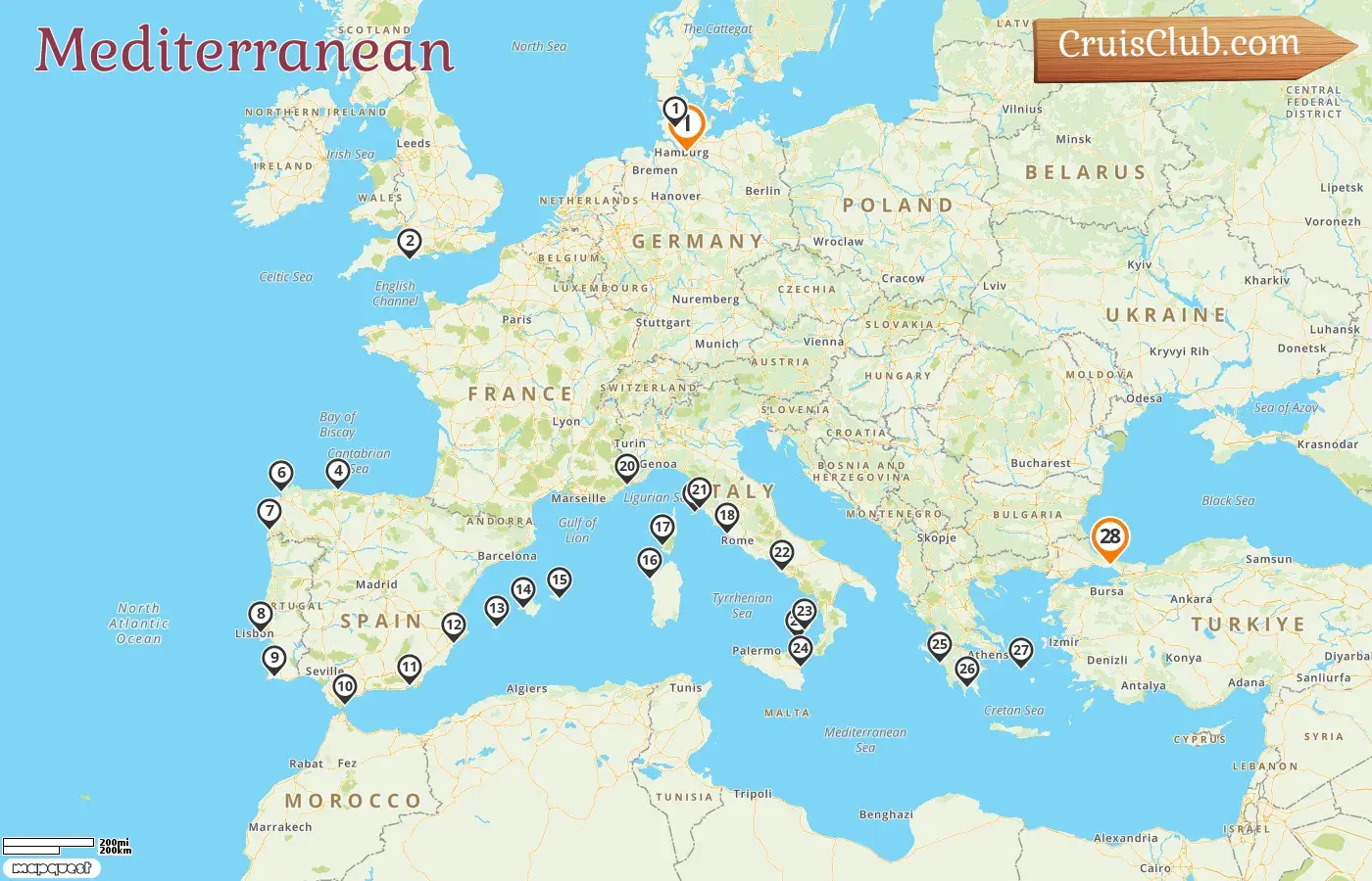 Cruise in the Mediterranean from Hamburg to Istanbul aboard MS Hamburg ship with visits to Germany, Spain, Portugal, Gibraltar, Italy, France, Greece, and Turkey for 29 days