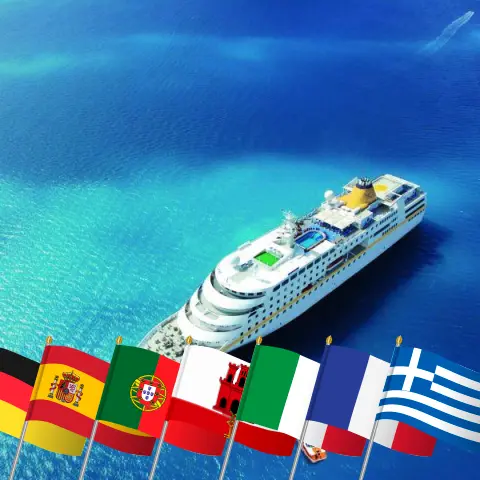 Cruise in the Mediterranean from Hamburg to Istanbul aboard MS Hamburg ship with visits to Germany, Spain, Portugal, Gibraltar, Italy, France, Greece, and Turkey for 29 days