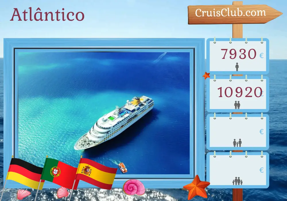 Cruzeiro no Atlântico partindo de Hamburgo a bordo do navio MS Hamburg com visitas à Alemanha, Portugal, Marrocos e Espanha por 36 dias