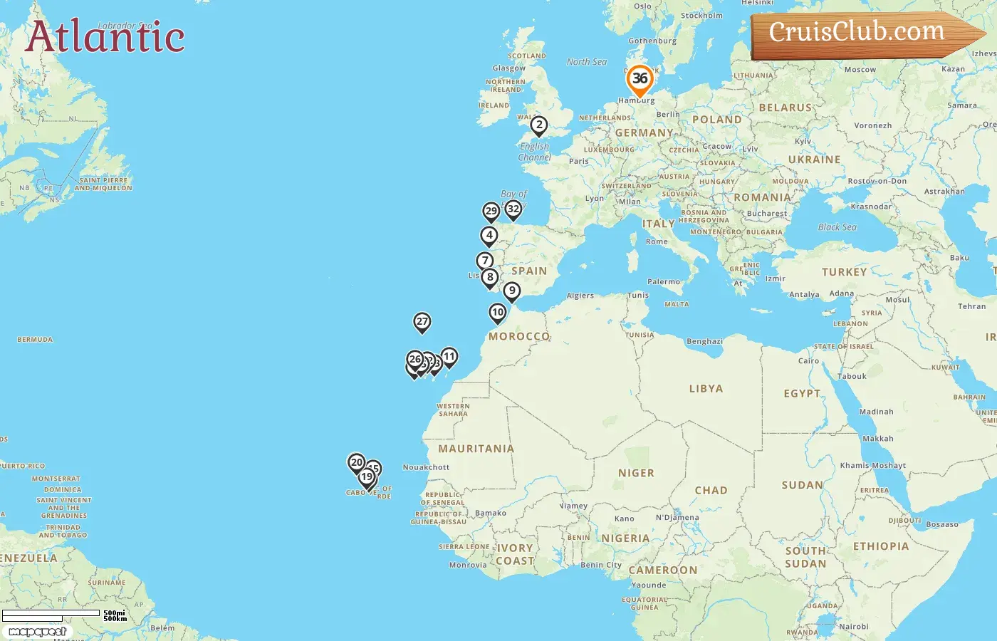 Cruise in the Atlantic from Hamburg aboard MS Hamburg ship with visits to Germany, Portugal, Morocco, and Spain for 36 days