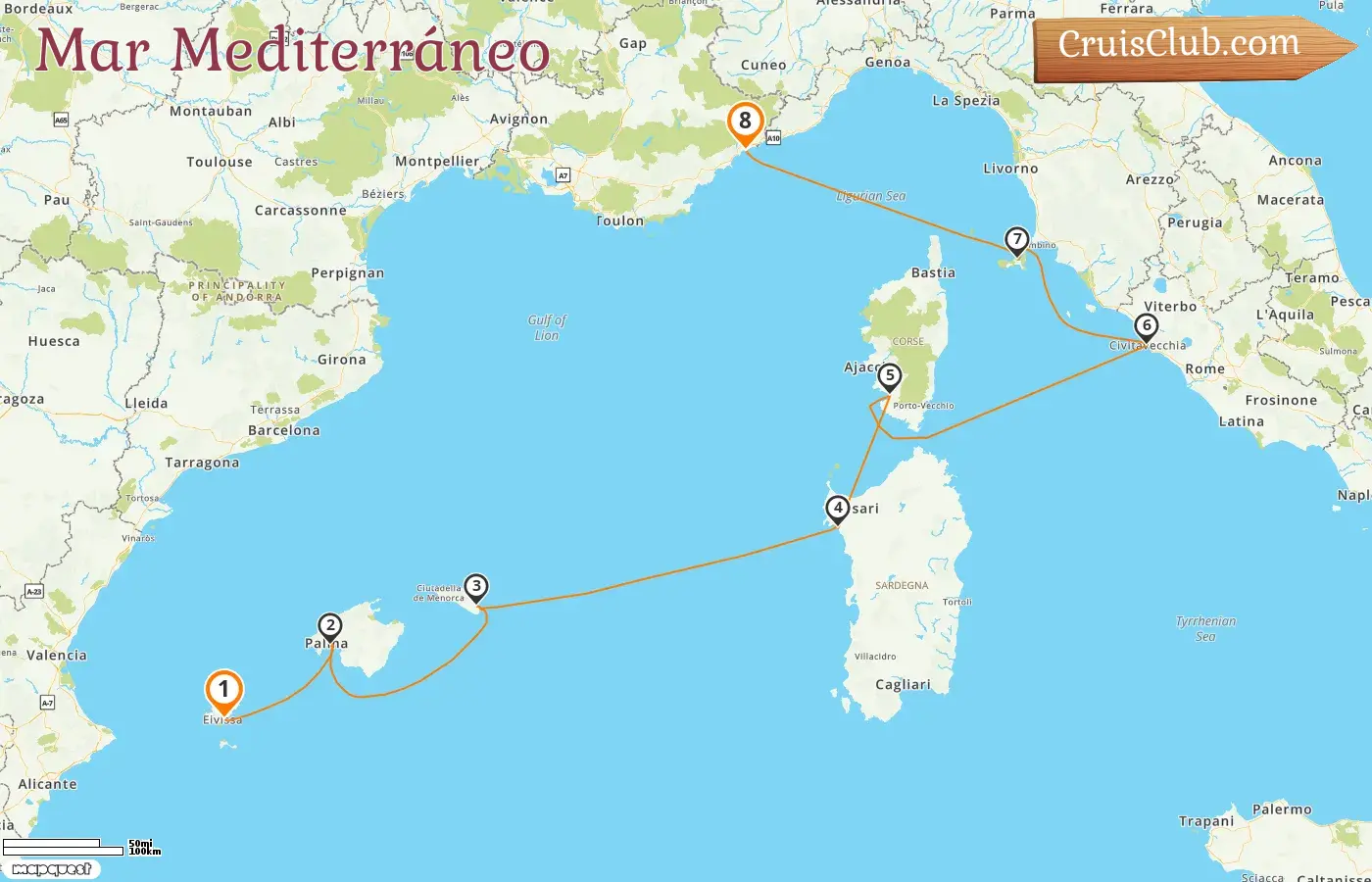 Crucero por el Mediterráneo desde Ibiza a Niza a bordo del barco MS Hamburg con visitas a España, Italia y Francia durante 8 días