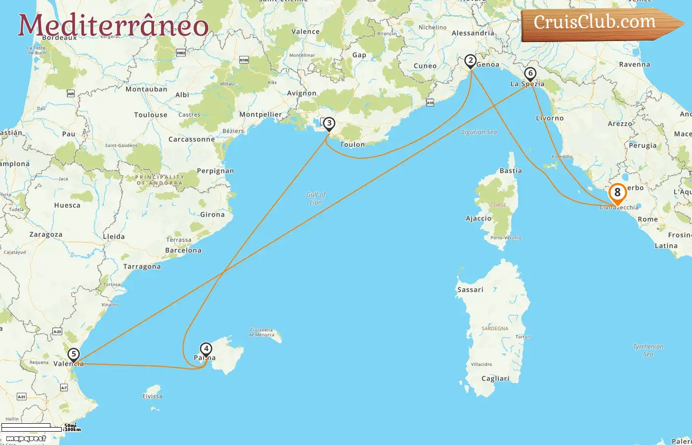 Cruzeiro no Mediterrâneo a partir de Civitavecchia a bordo do navio Costa Pacifica com visitas à Itália, França e Espanha por 8 dias