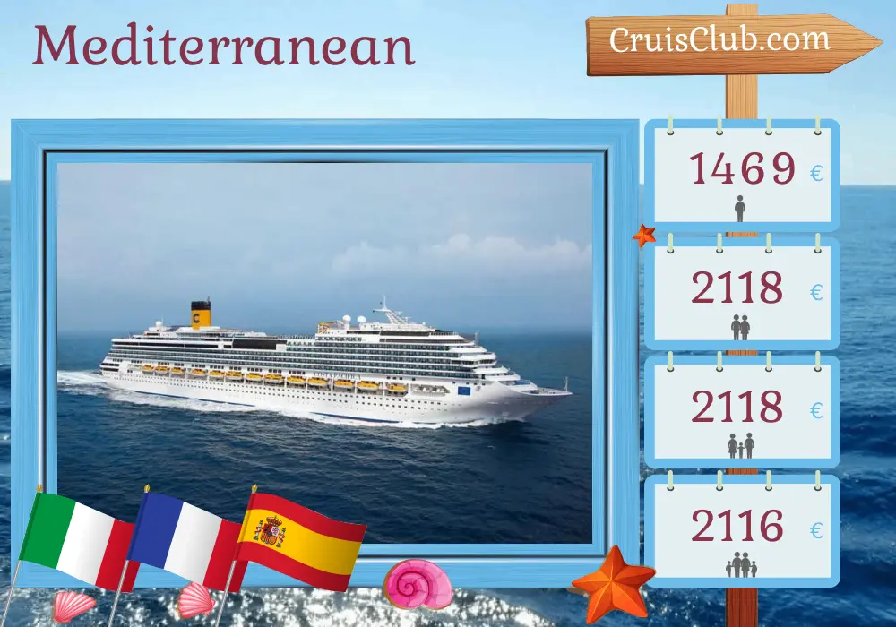 Cruise in the Mediterranean from Savona aboard Costa Pacifica ship with visits to Italy, France, and Spain for 8 days