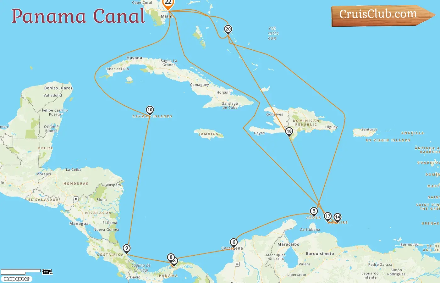 Cruise in the Panama Canal from Fort Lauderdale aboard Nieuw Amsterdam ship with visits to USA, Bahamas, Aruba, Colombia, Panama, Costa Rica, Cayman Islands, Curaçao, and Dominican Republic for 22 days