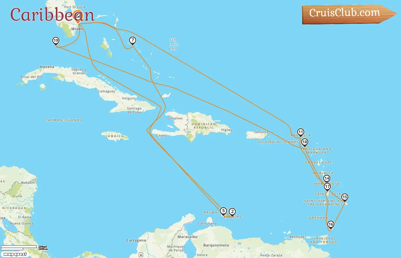 Cruise in the Caribbean from Fort Lauderdale aboard Nieuw Amsterdam ship with visits to USA, Curaçao, Bahamas, Martinique, Barbados, and Trinidad and Tobago for 22 days