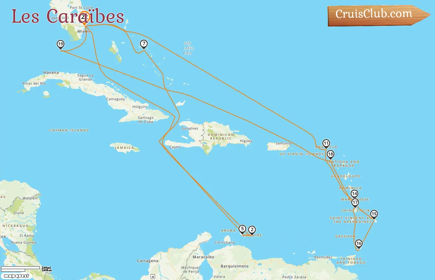 Croisière dans les Caraïbes au départ de Fort Lauderdale à bord du navire Nieuw Amsterdam avec escales aux États-Unis, à Curaçao, aux Bahamas, en Martinique, à la Barbade et à Trinité-et-Tobago pendant 22 jours