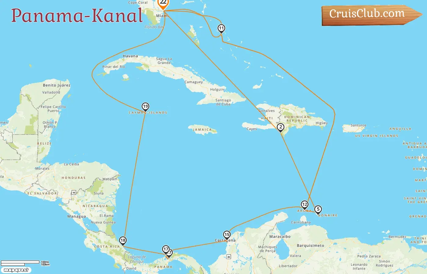 Kreuzfahrt durch den Panamakanal von Fort Lauderdale mit dem Schiff Nieuw Amsterdam mit Stopps in den USA, der Dominikanischen Republik, Curaçao, Aruba, den Bahamas, Kolumbien, Panama, Costa Rica und den Kaimaninseln für 22 Tage