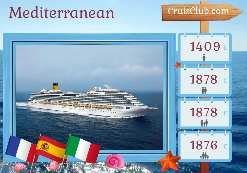 Cruise in the Mediterranean from La Seyne-sur-Mer aboard Costa Pacifica ship with visits to France, Spain, and Italy for 8 days