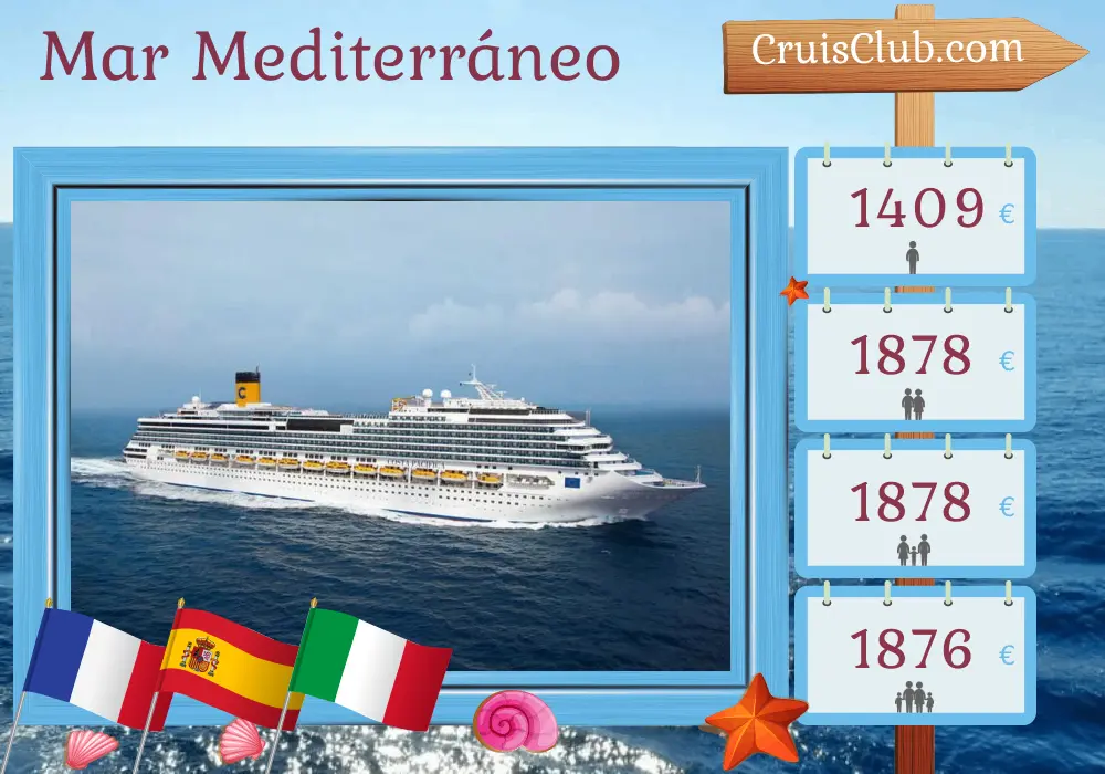 Crucero en el Mediterráneo desde La Seyne-sur-Mer a bordo del barco Costa Pacifica con visitas a Francia, España e Italia durante 8 días