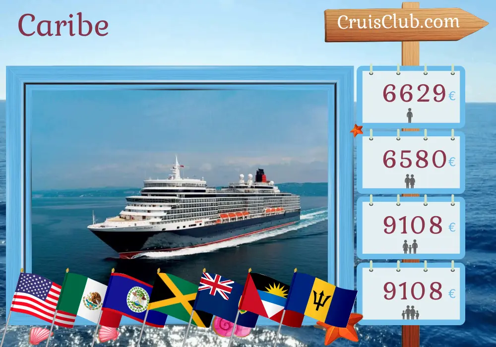 Cruzeiro no Caribe partindo de Miami a bordo do navio Queen Elizabeth com paragens nos EUA, México, Belize, Jamaica, Porto Rico e Barbados por 22 dias