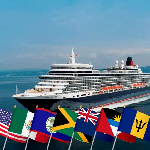 Cruise in the Caribbean from Miami aboard Queen Elizabeth ship with visits to USA, Mexico, Belize, Jamaica, Puerto Rico, and Barbados for 22 days