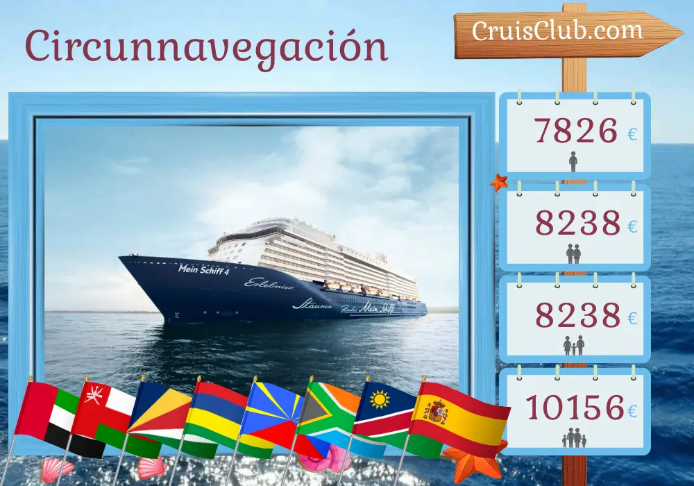 Crucero por el mundo desde Dubai a Palma a bordo del barco Mein Schiff 4 con visitas a los Emiratos Árabes Unidos, Omán, Seychelles, Mauricio, Reunión, Sudáfrica, Namibia, España y Marruecos durante 41 días