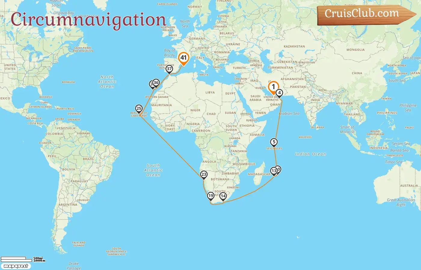 Croisière dans le monde de Dubaï à Palma à bord du navire Mein Schiff 4 avec des visites aux Émirats arabes unis, Oman, Seychelles, Maurice, Réunion, Afrique du Sud, Namibie, Espagne et Maroc pendant 41 jours