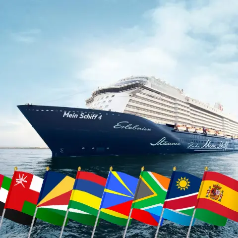 Cruise in the World trip from Dubai to Palma aboard Mein Schiff 4 ship with visits to United Arab Emirates, Oman, Seychelles, Mauritius, Réunion, South Africa, Namibia, Spain, and Morocco for 41 days