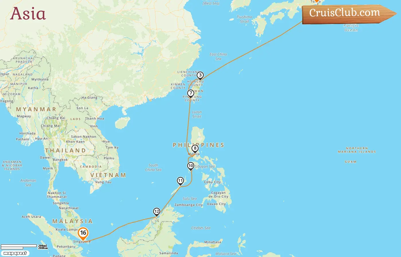 Cruise in the Asia from Yokohama to Singapore aboard Oceania Vista ship with visits to Japan, Taiwan, Philippines, Brunei Darussalam, and Singapore for 16 days