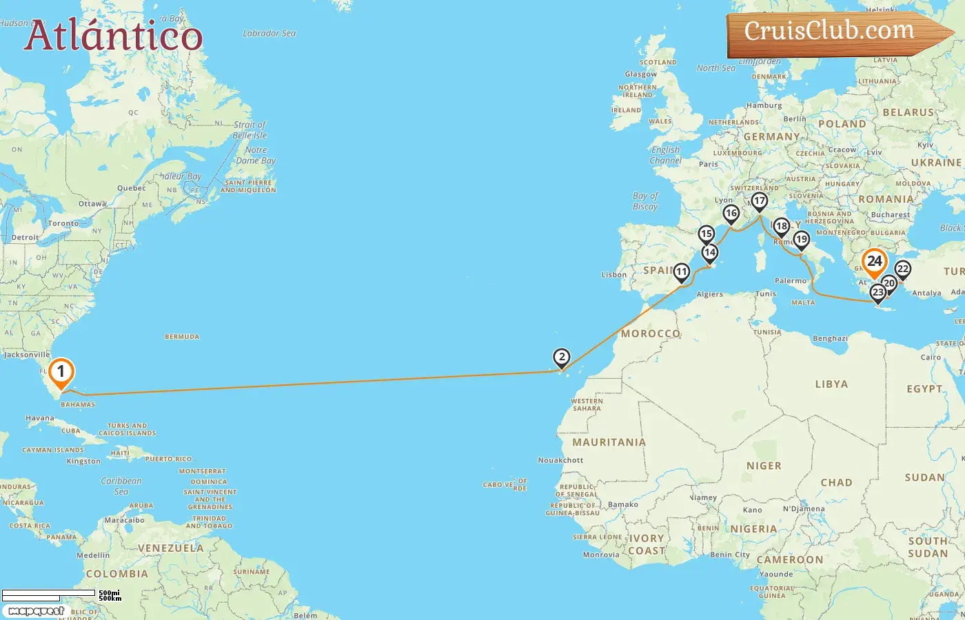 Crucero por el Atlántico desde Fort Lauderdale a El Pireo a bordo del barco Sun Princess con visitas a Estados Unidos, España, Francia, Italia, Grecia y Turquía durante 24 días