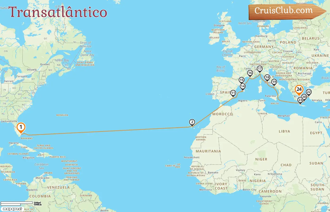 Cruzeiro Transatlântico de Fort Lauderdale para Pireu a bordo do navio Sun Princess com visitas aos EUA, Espanha, França, Itália, Grécia e Turquia por 24 dias