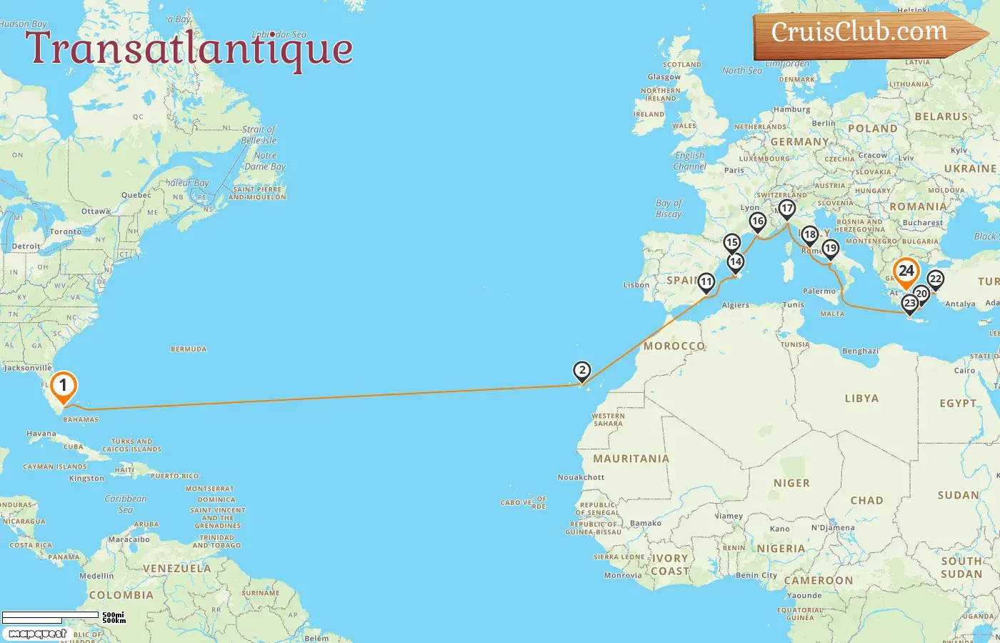 Croisière en Transatlantique de Fort Lauderdale à Le Pirée à bord du navire Sun Princess avec des visites aux États-Unis, en Espagne, en France, en Italie, en Grèce et en Turquie pendant 24 jours