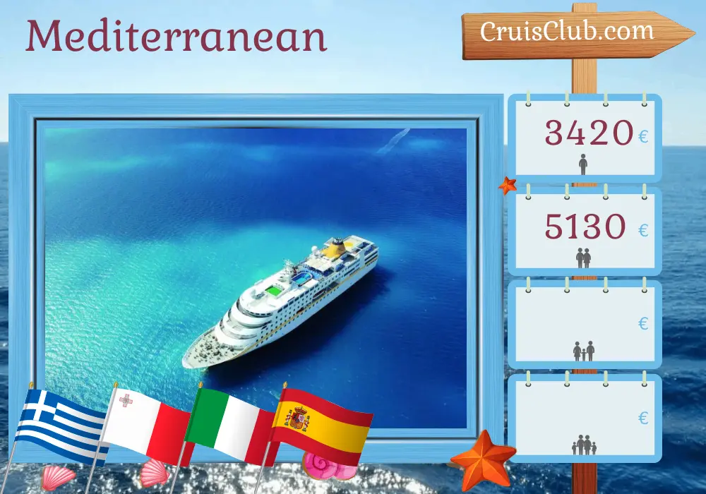 Cruise in the Mediterranean from Istanbul to Malaga aboard MS Hamburg ship with visits to Turkey, Greece, Malta, Italy, Tunisia, and Spain for 12 days