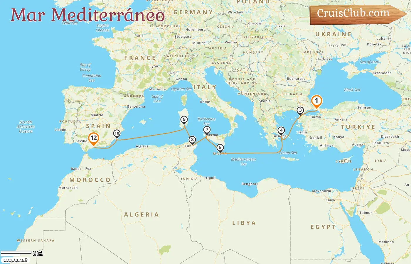 Crucero en el Mediterráneo de Estambul a Málaga a bordo del barco MS Hamburg con visitas a Turquía, Grecia, Malta, Italia, Túnez y España durante 12 días