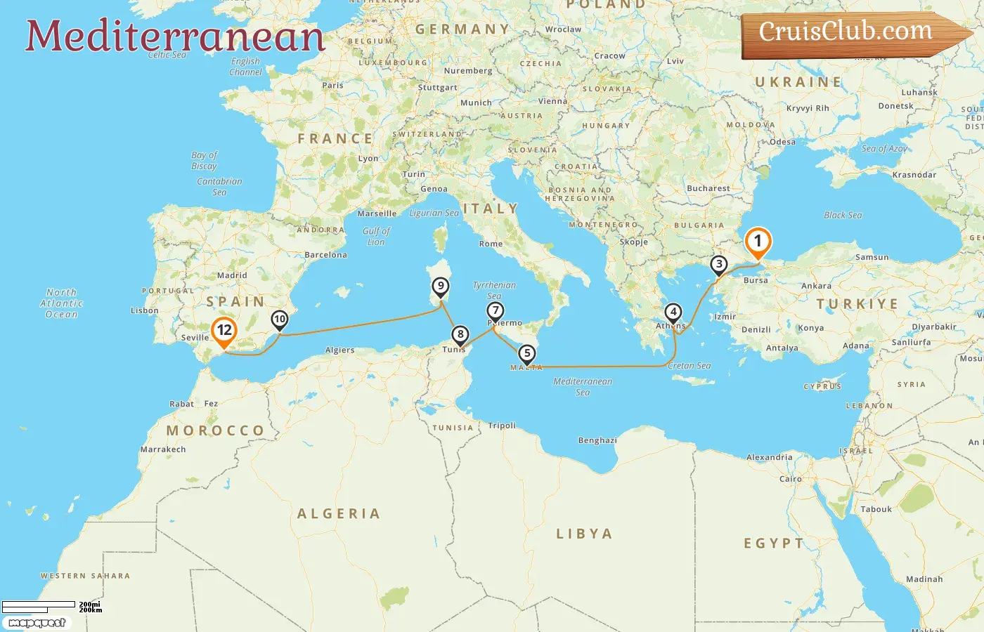 Cruise in the Mediterranean from Istanbul to Malaga aboard MS Hamburg ship with visits to Turkey, Greece, Malta, Italy, Tunisia, and Spain for 12 days