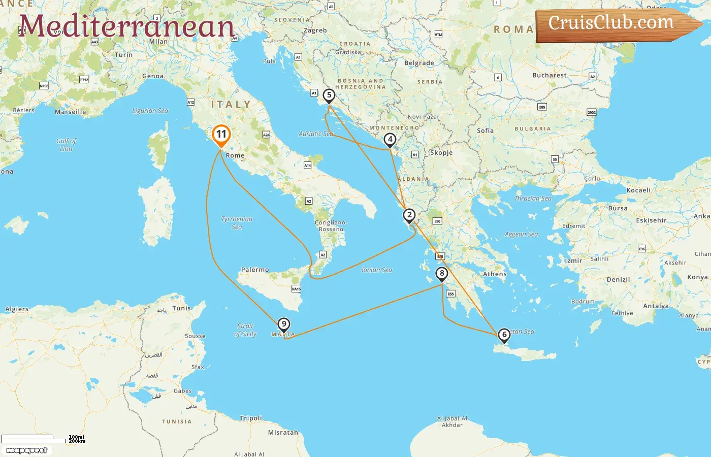 Cruise in the Mediterranean from Civitavecchia aboard Enchanted Princess ship with visits to Italy, Greece, Montenegro, Croatia, and Malta for 11 days
