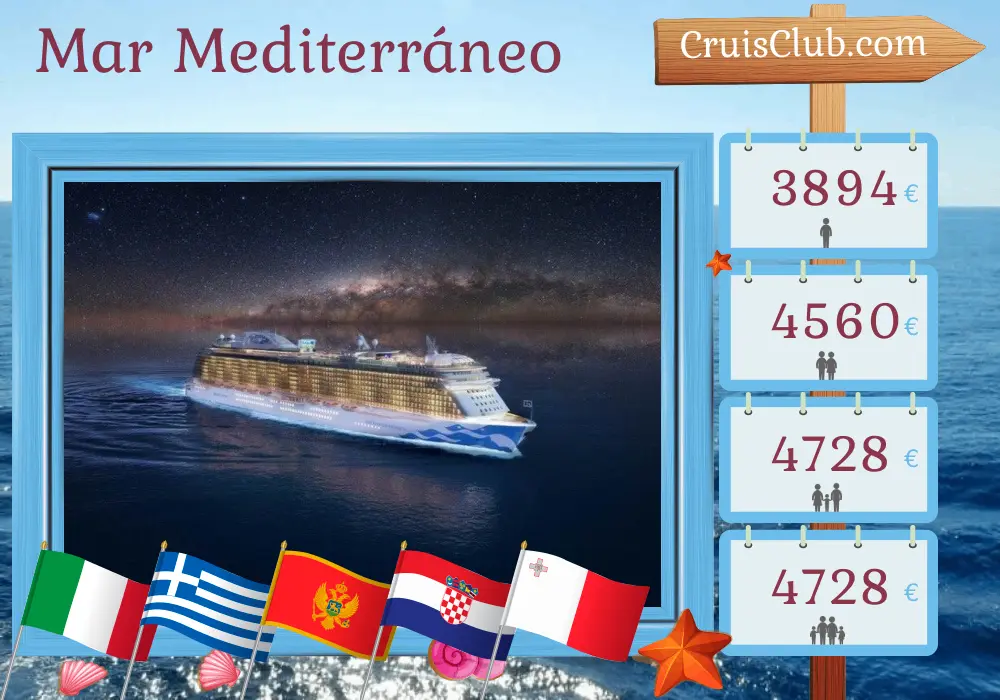 Crucero por el Mediterráneo desde Civitavecchia a bordo del barco Enchanted Princess con visitas a Italia, Grecia, Montenegro, Croacia y Malta durante 11 días