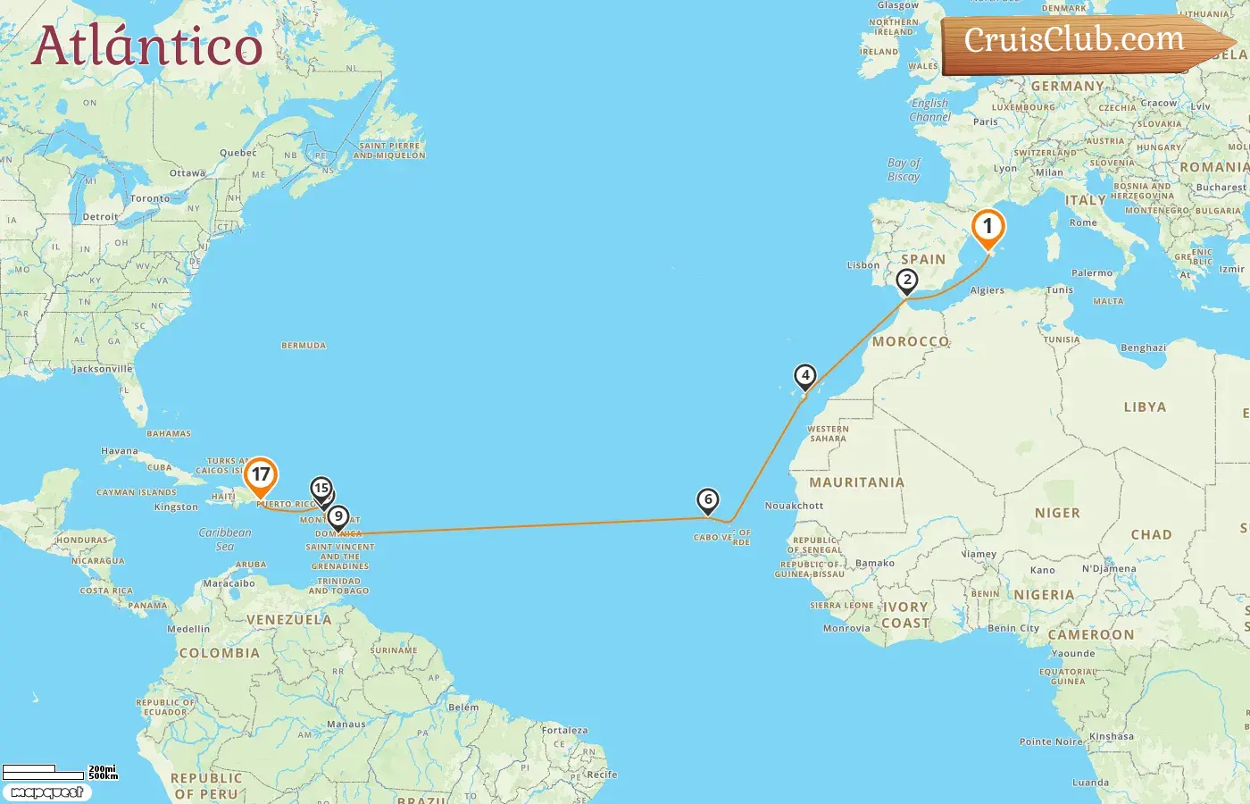Crucero por el Atlántico desde Palma a La Romana a bordo del barco Mein Schiff 5 con visitas a España y Gibraltar durante 17 días